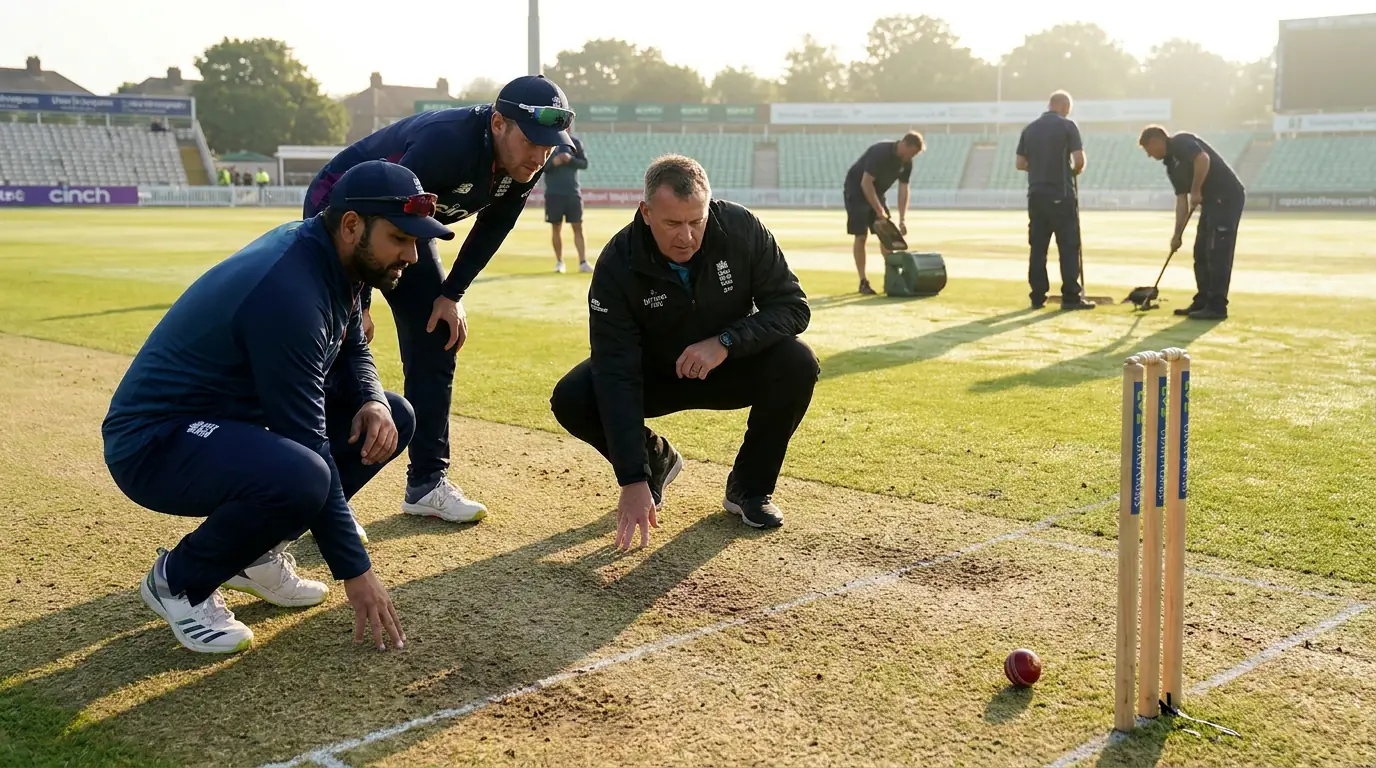 Captains and officials inspecting the pitch before a cricket match