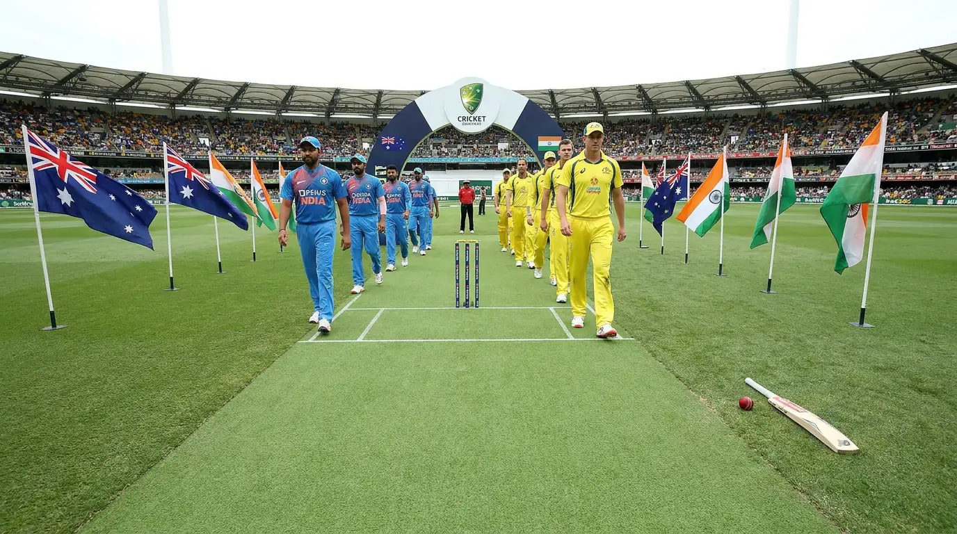 Two cricket teams walking out for a series opener