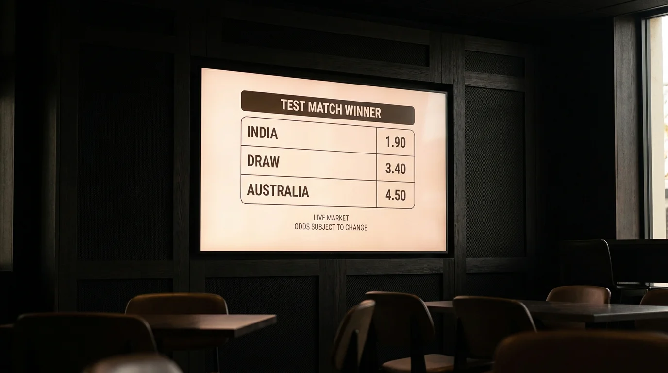 Odds board showing the three outcomes of a Test match market