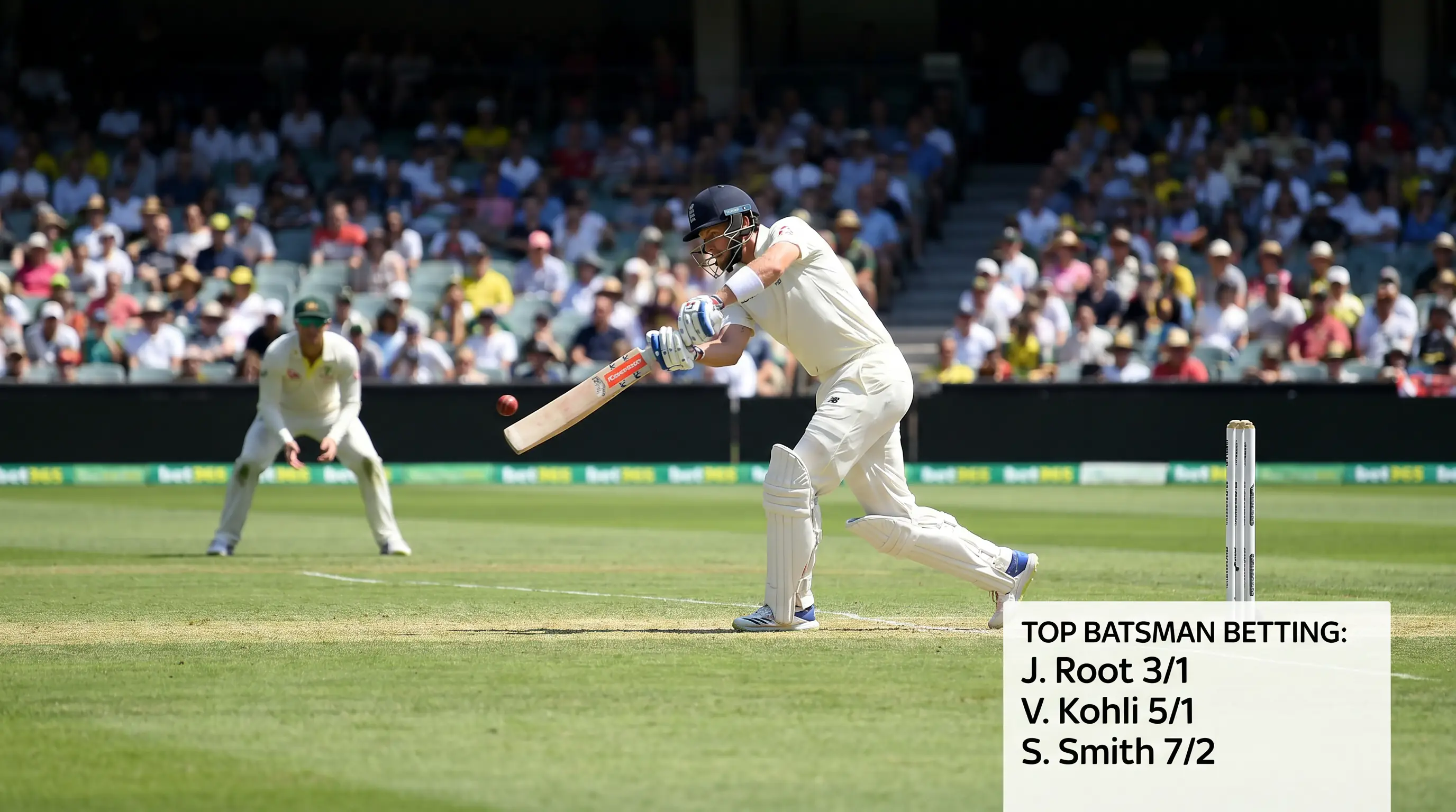 Batsman driving through the covers with top-batsman betting prices listed beside the action