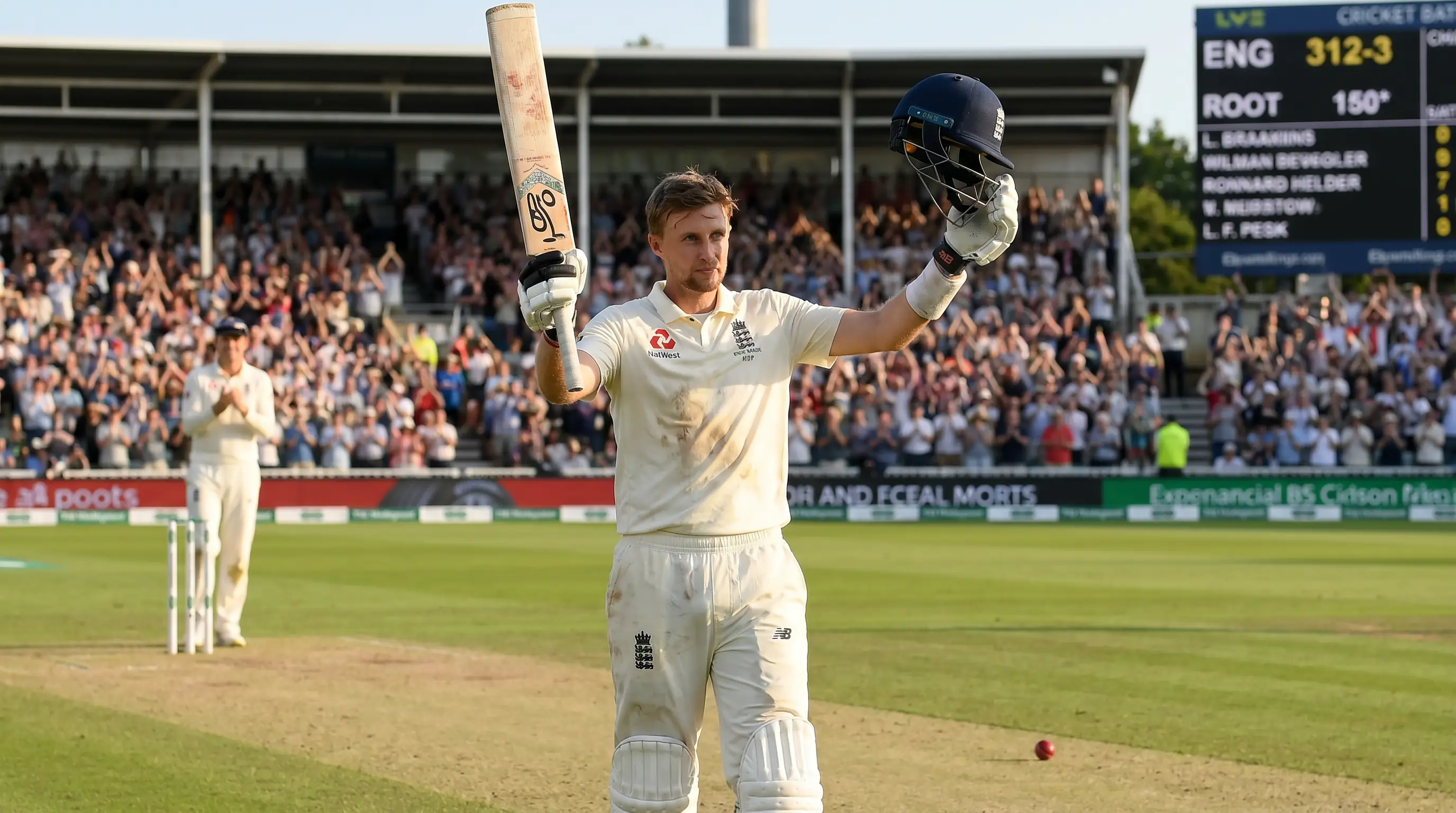 Cricket batsman raising his bat to acknowledge a high score