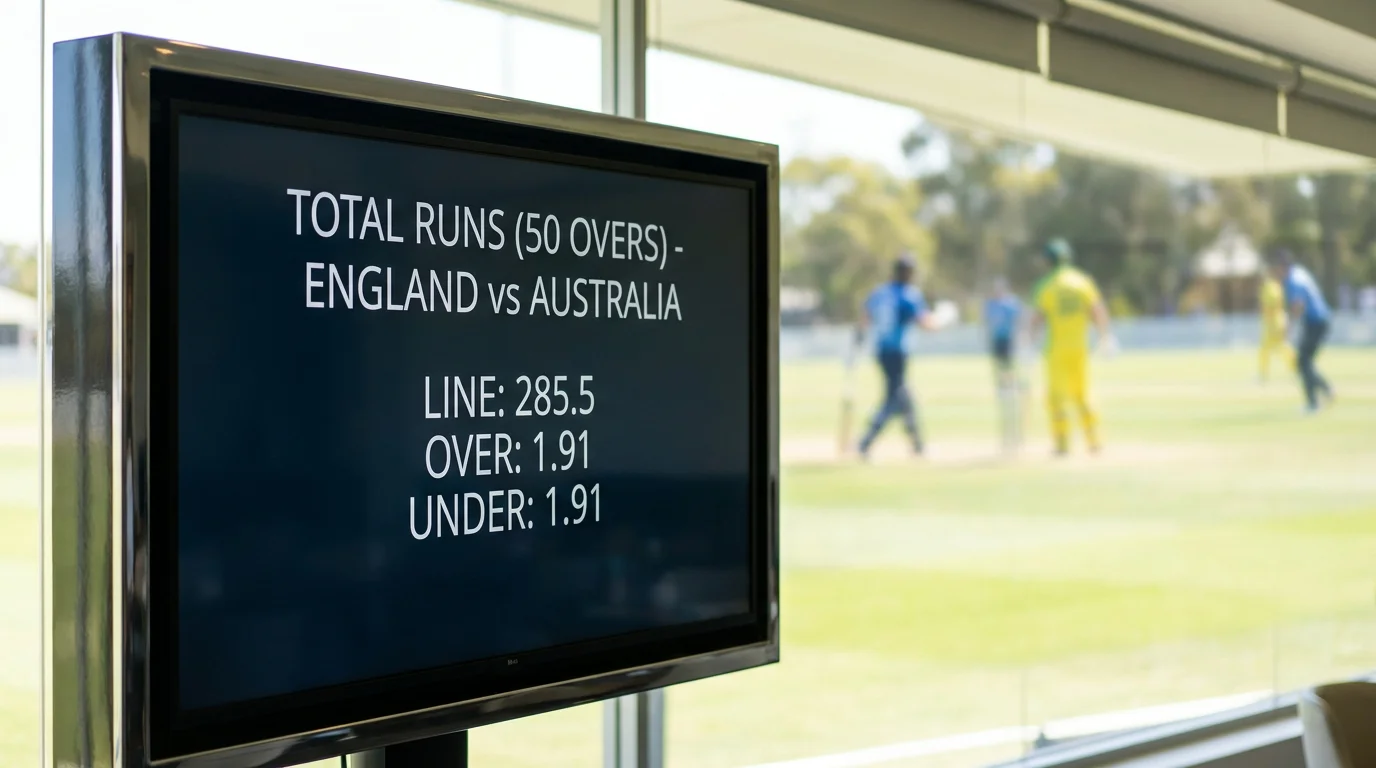 Cricket innings total runs over-or-under line displayed for a fifty-over match