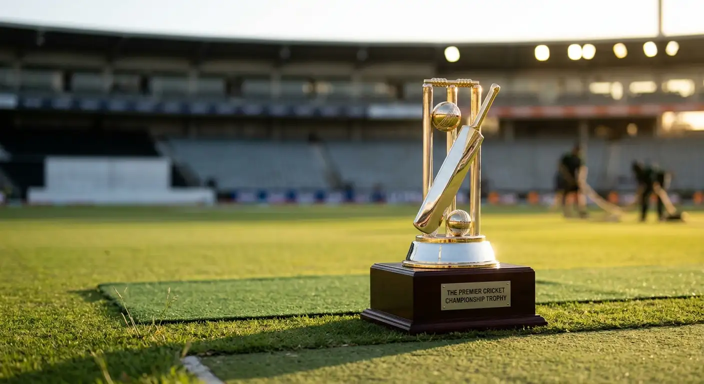 Cricket trophy on a plinth before an outright tournament