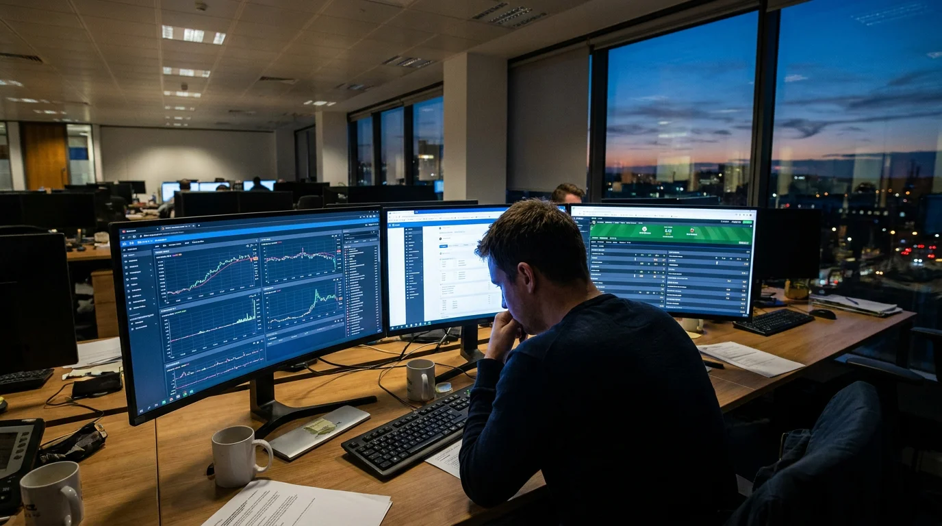 Odds trader studying a cricket market on multiple screens