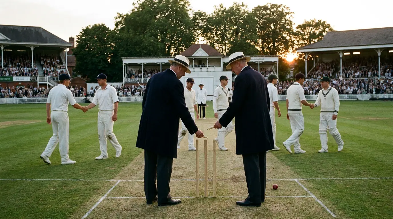Cricket umpires removing the bails as a drawn match ends