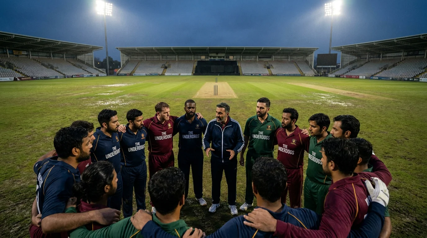 Underdog cricket team in a tight huddle before fielding