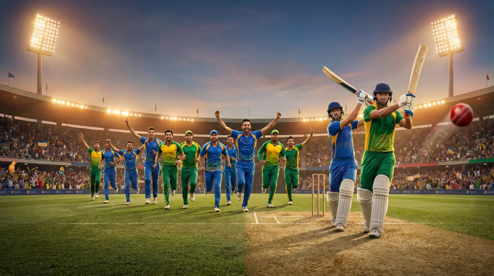 Cricket team celebrating the winning runs at the close of a match