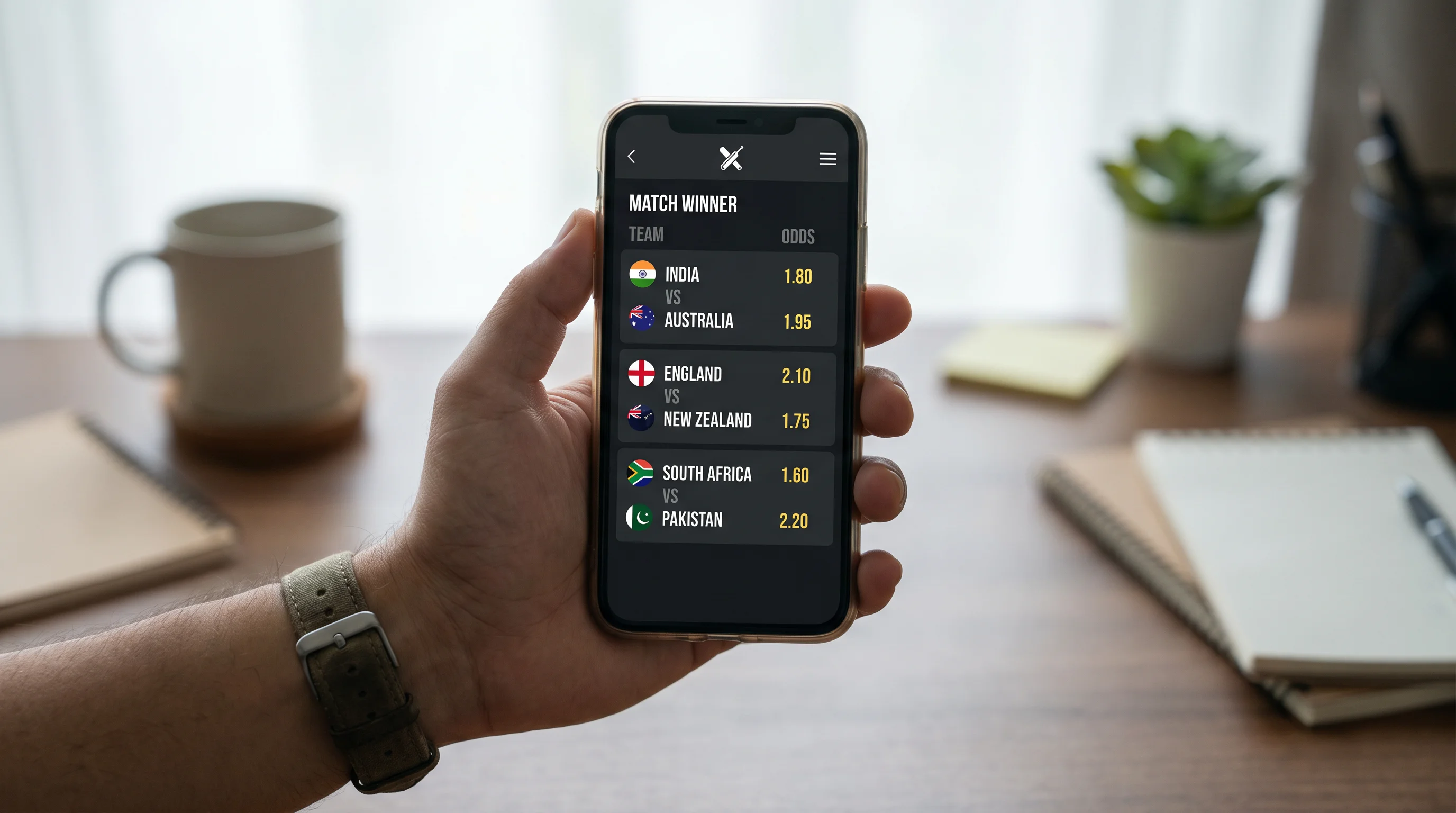 Smartphone showing a cricket betting app with decimal odds for a match