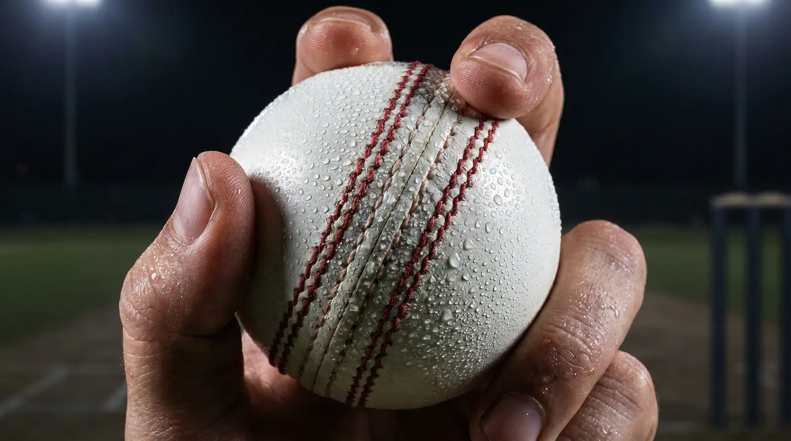 Close-up of dew dampening a white cricket ball at night