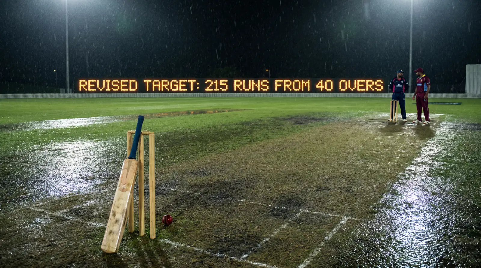 Scoreboard showing a revised DLS target after rain