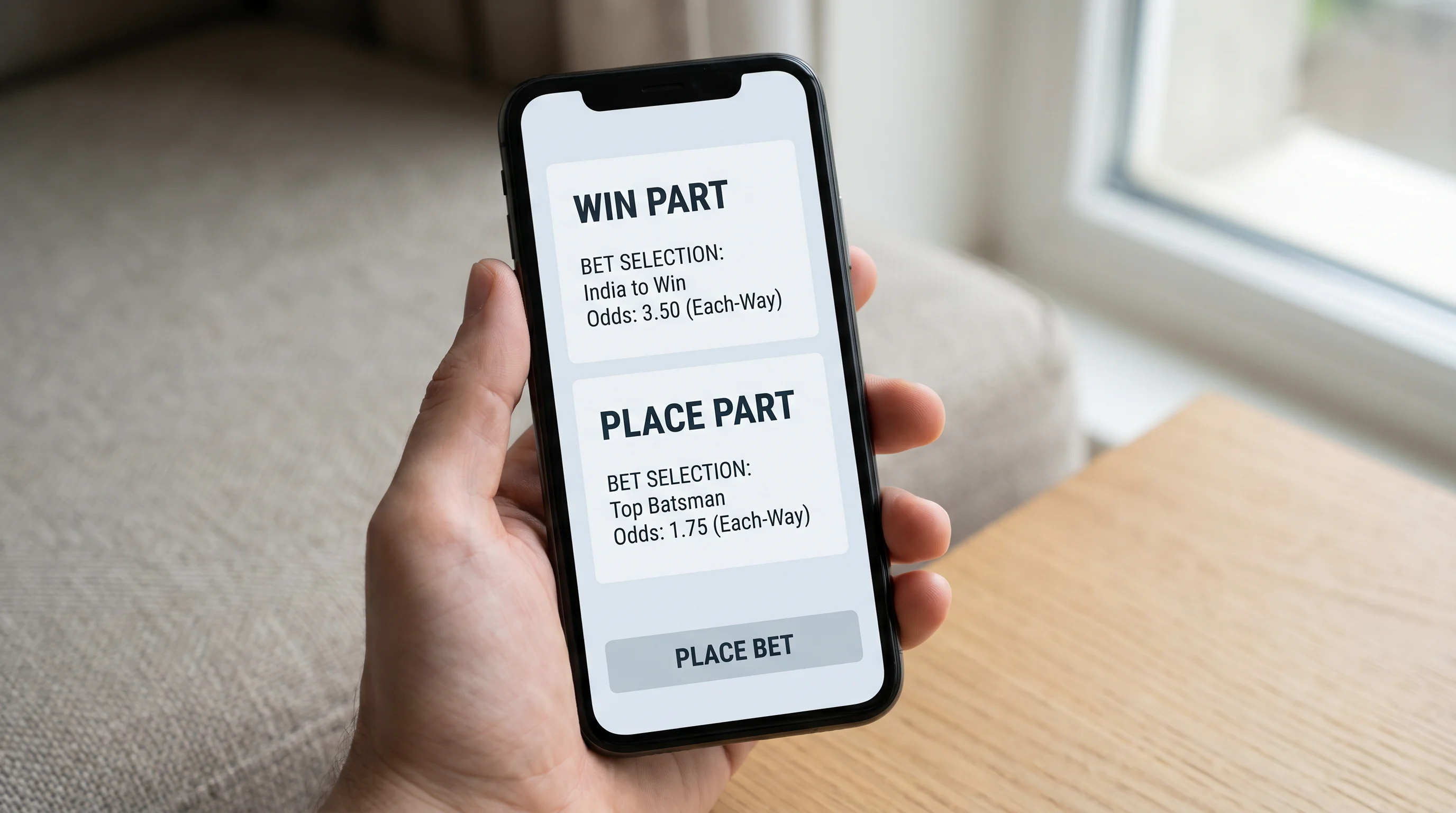 Betting slip showing an each-way cricket bet split into win and place
