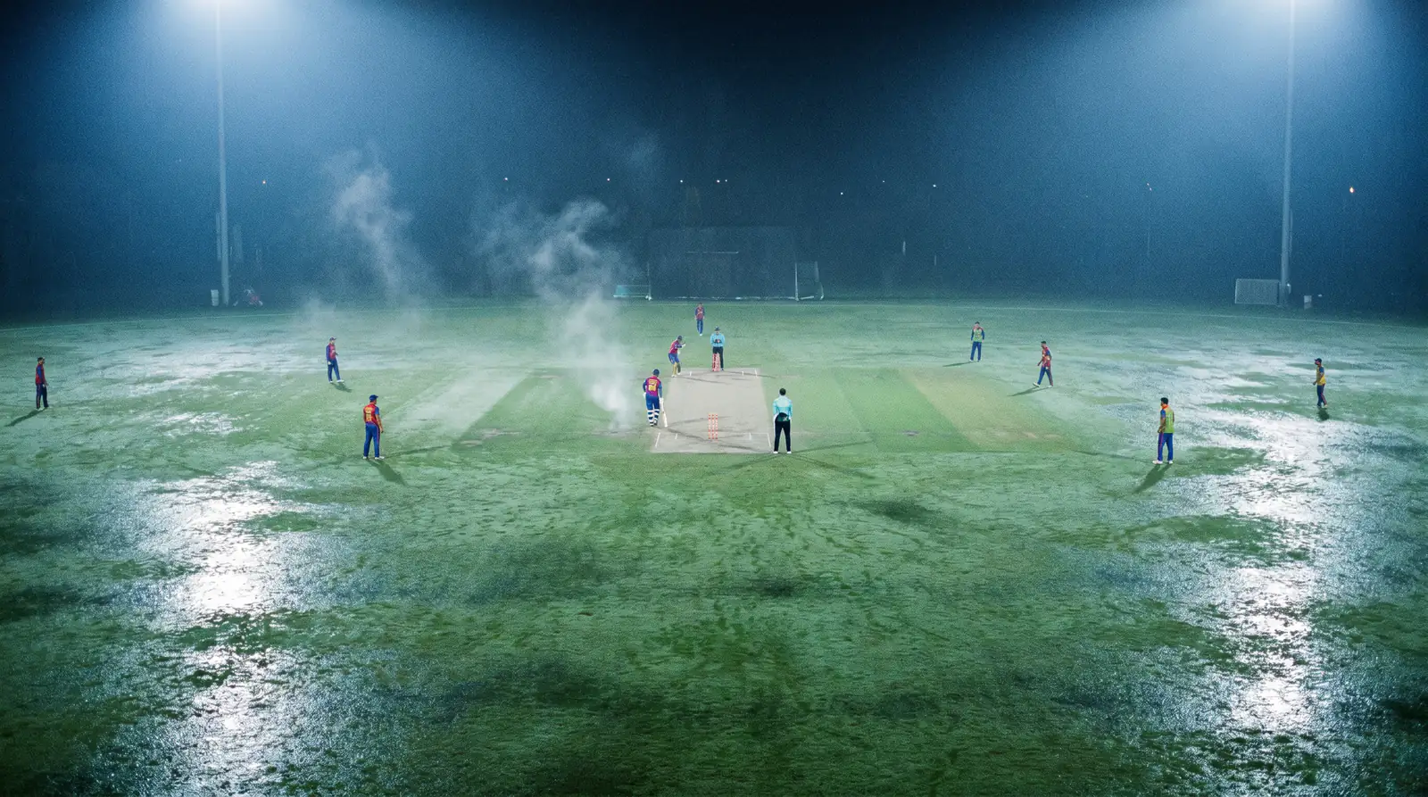 Floodlit cricket outfield glistening with night dew