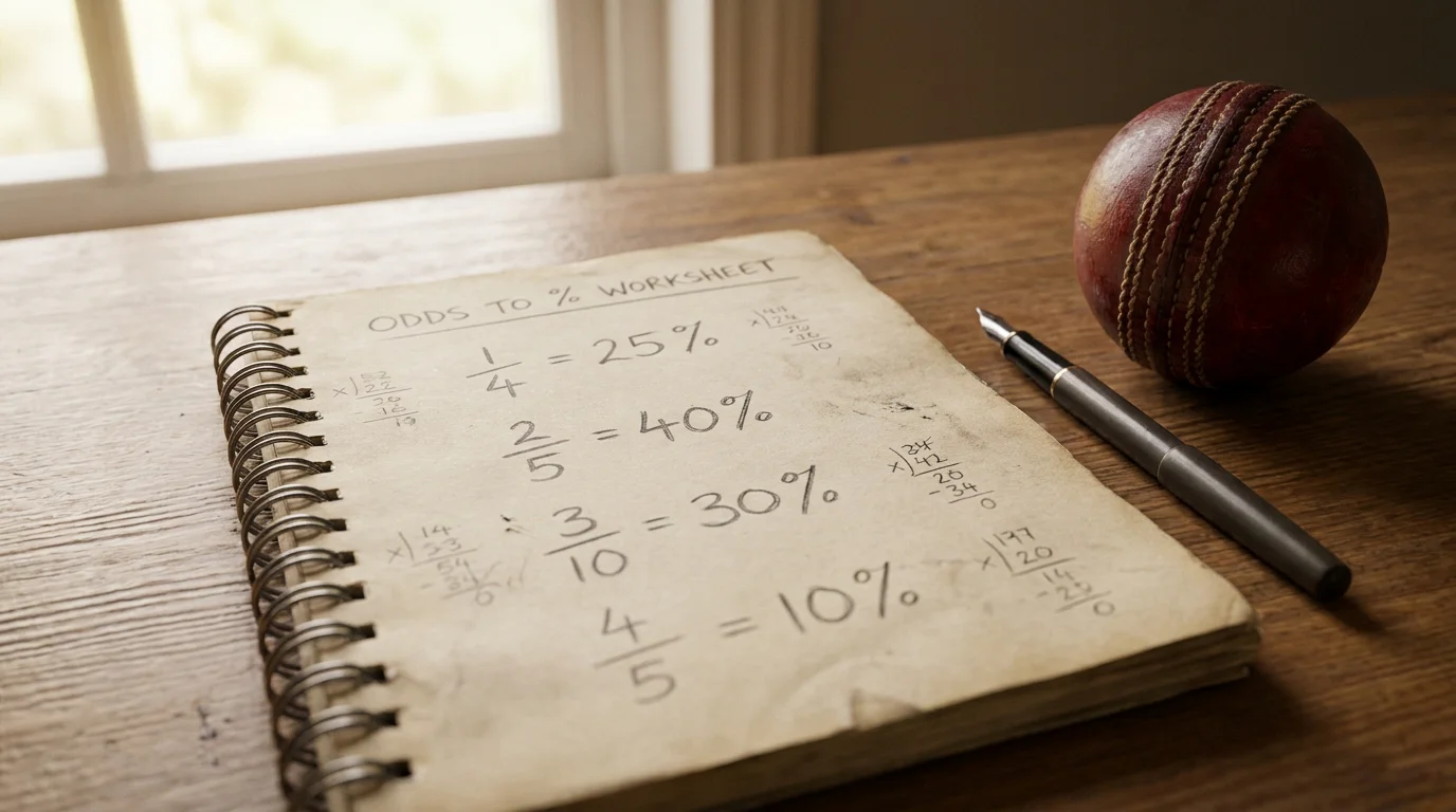Handwritten worksheet turning cricket odds into a percentage chance