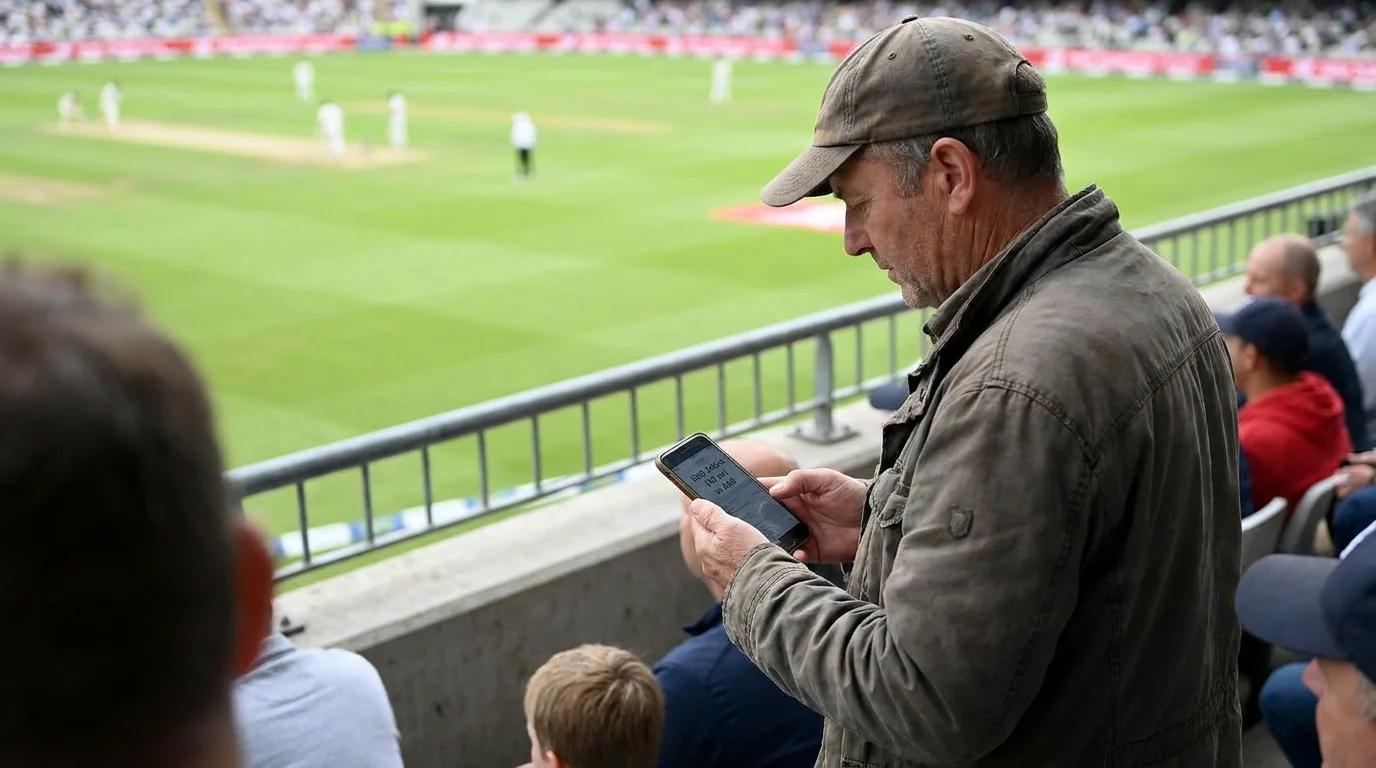 A spectator following live cricket on a phone while watching a match from the stands