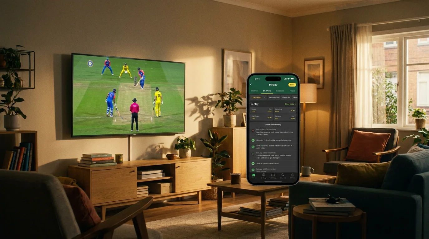 Live cricket match on screen with in-play odds shifting beside ball-by-ball commentary