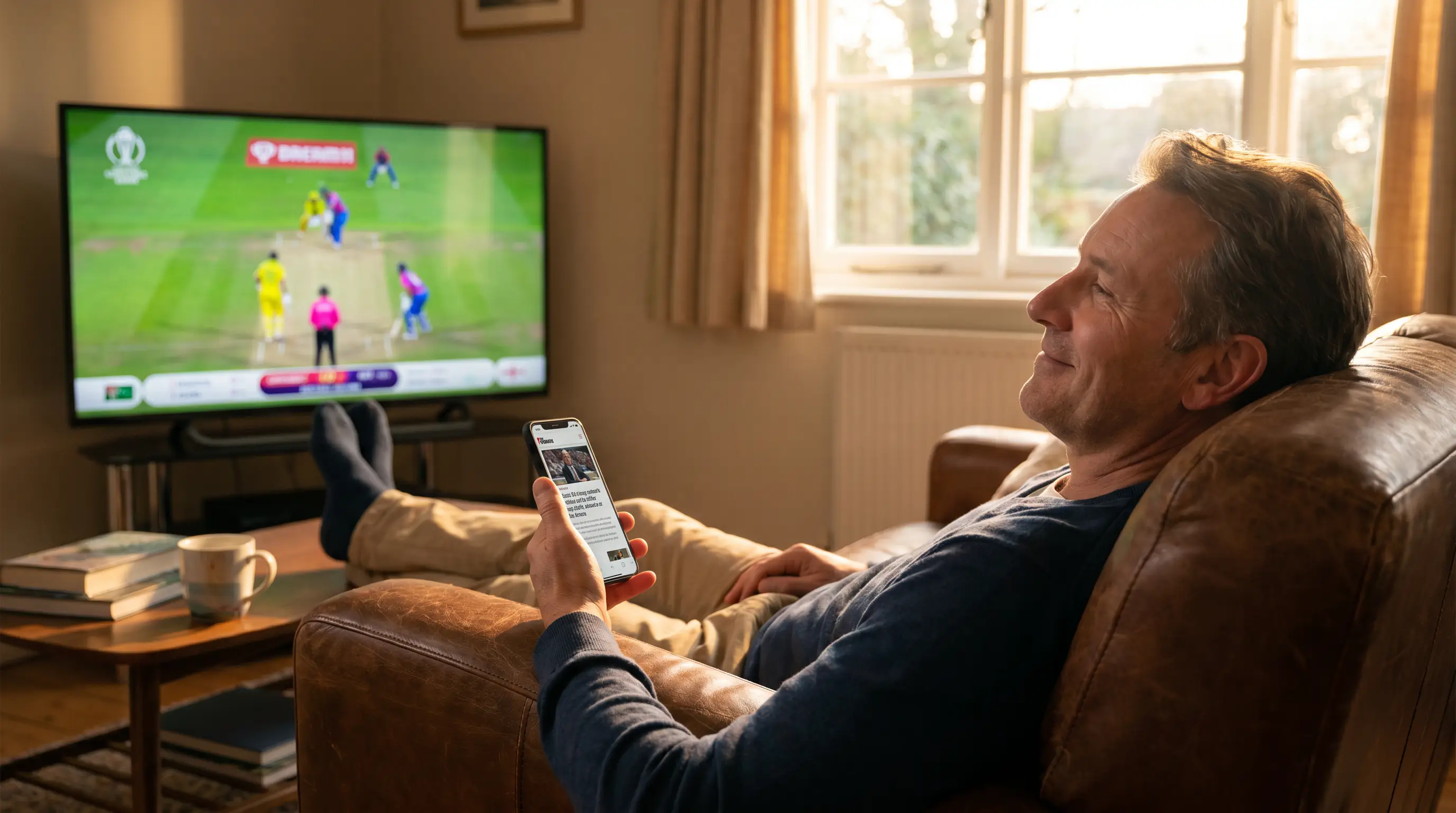 Calm cricket viewer pausing before placing a single considered in-running bet