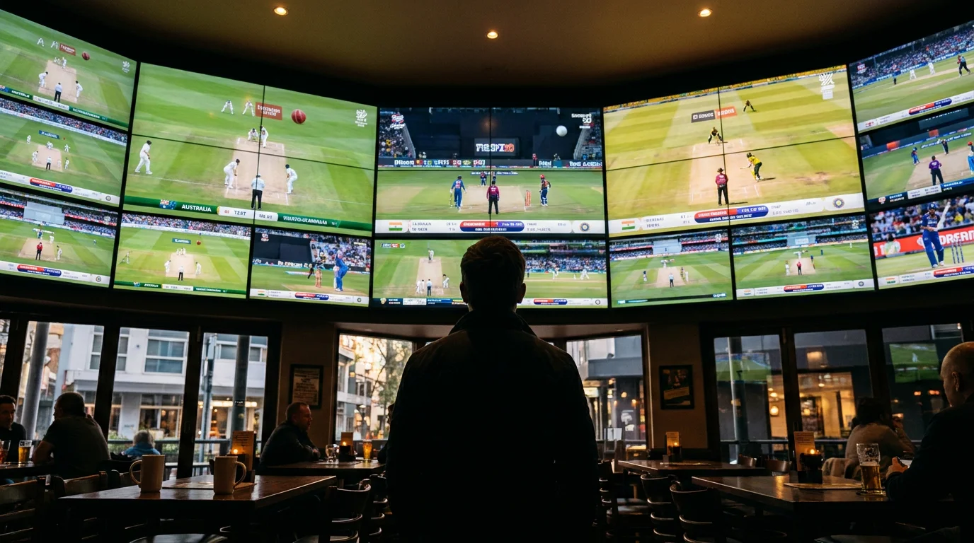 Several cricket matches shown across multiple screens at once