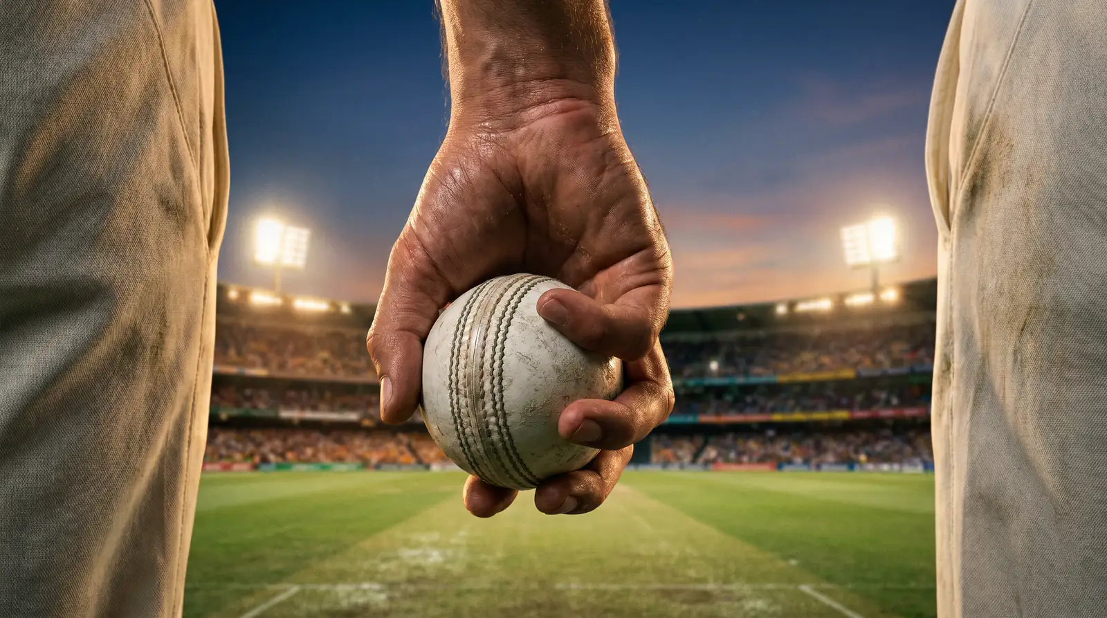 White cricket ball under ODI floodlights at dusk