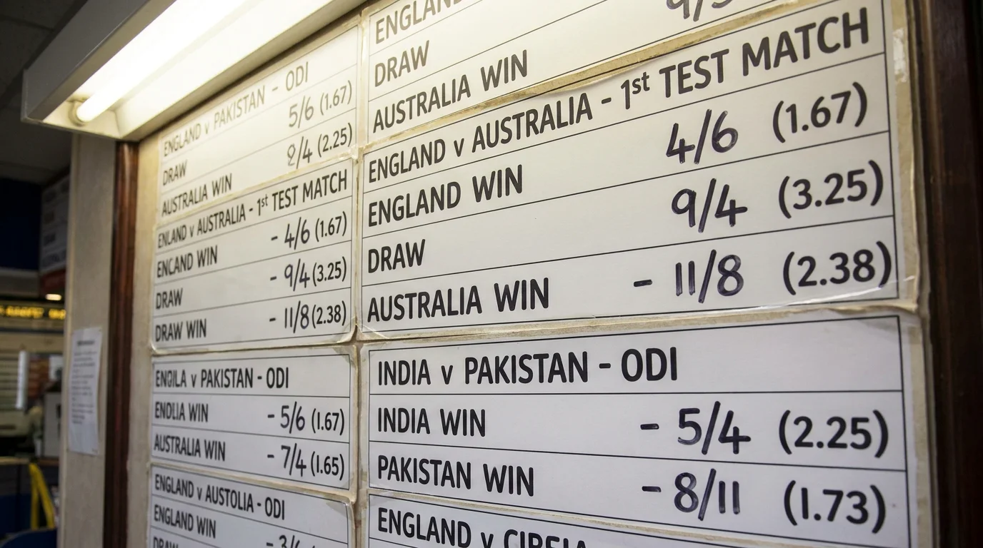 Close-up of a betting display showing fractional and decimal cricket match odds side by side