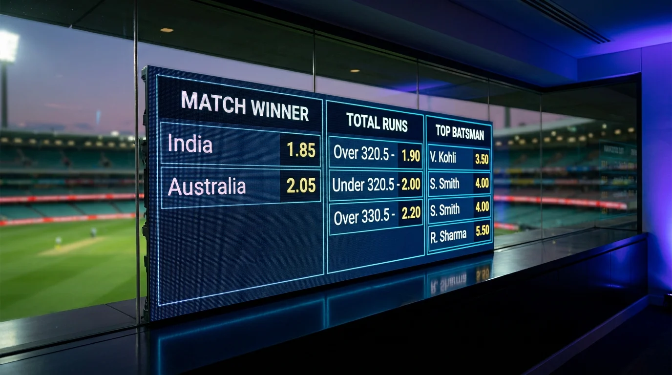 Detailed cricket market board listing match winner, totals and player prices