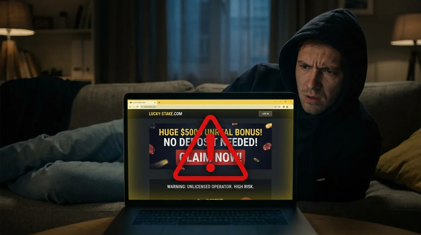 Warning sign over a suspicious unlicensed betting site with an oversized bonus offer