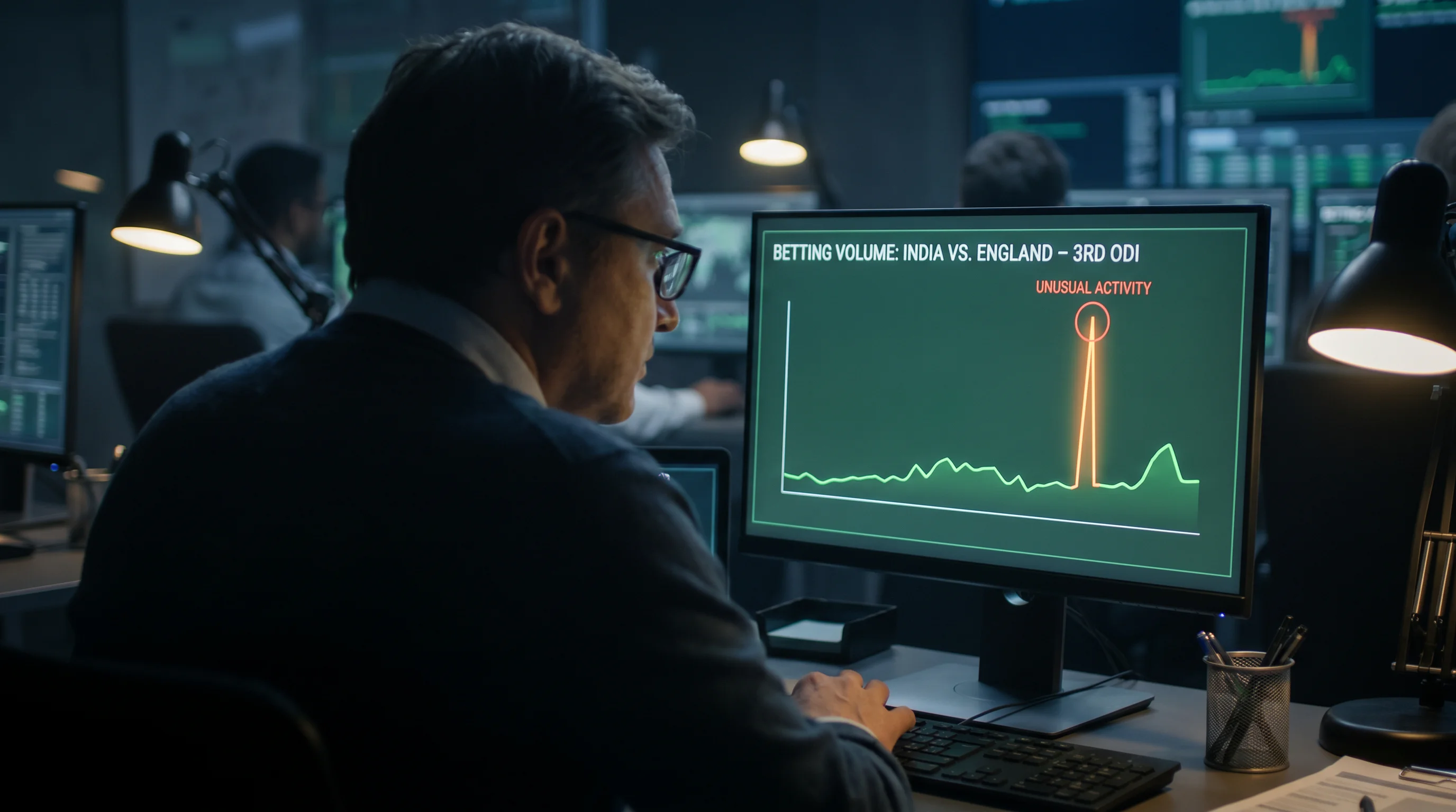 Analyst examining unusual betting patterns on a cricket match