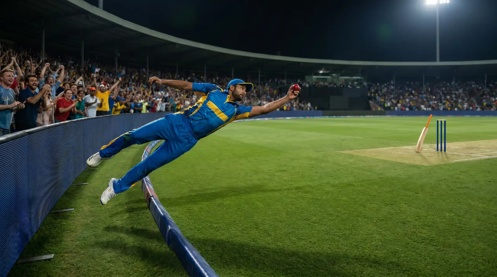 T20 fielder taking a spectacular boundary catch