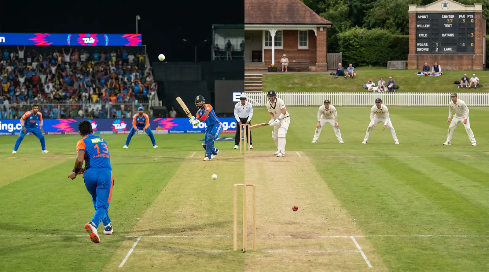 Split scene contrasting a fast T20 cricket match and a slow Test match