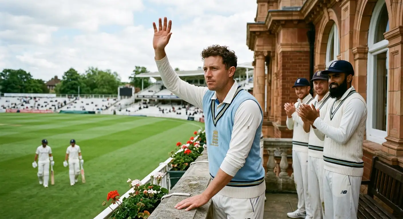 Test captain signalling a declaration from the balcony