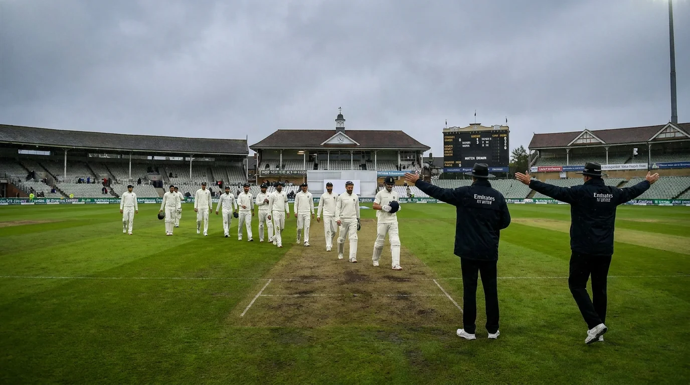 Test match players leaving the field as bad light ends play in a draw