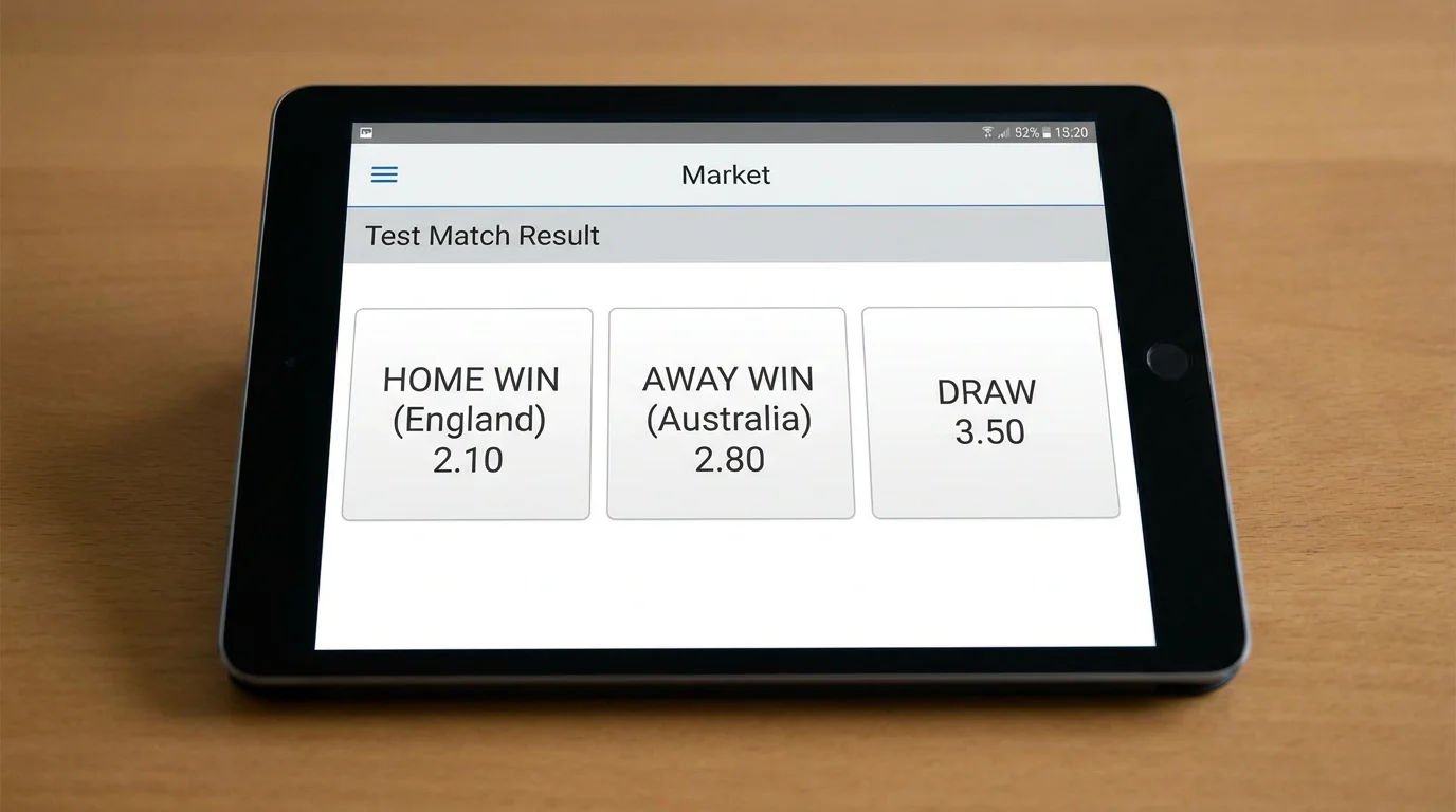 Betting screen showing the three-way Test match result market