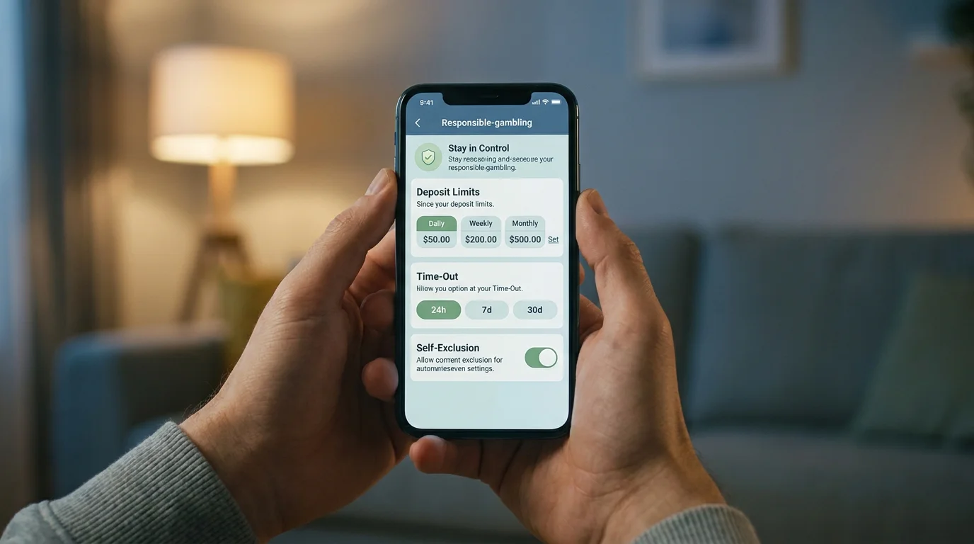 Betting account settings showing deposit limits, time-outs and self-exclusion tools