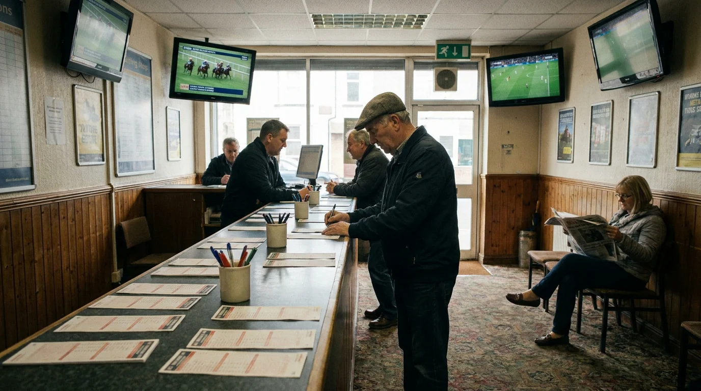 Interior of a UK betting shop with sports screens