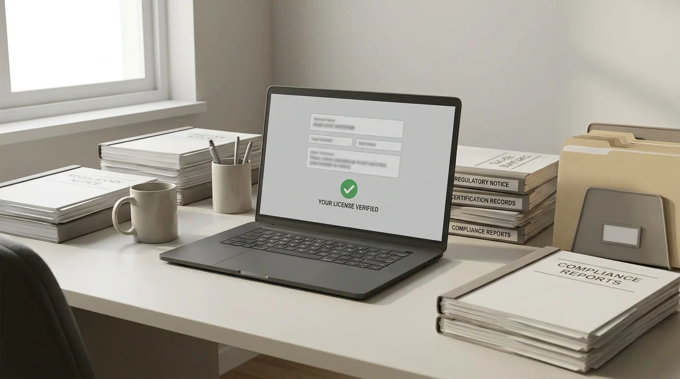 Official documents and a laptop representing UK gambling regulation and licensing checks