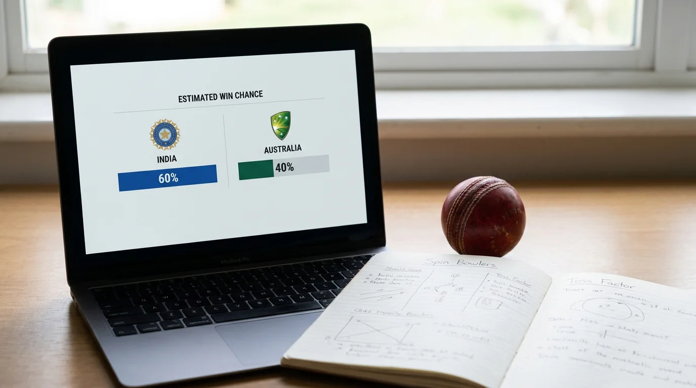Two cricket teams' win chances compared as percentages on a screen