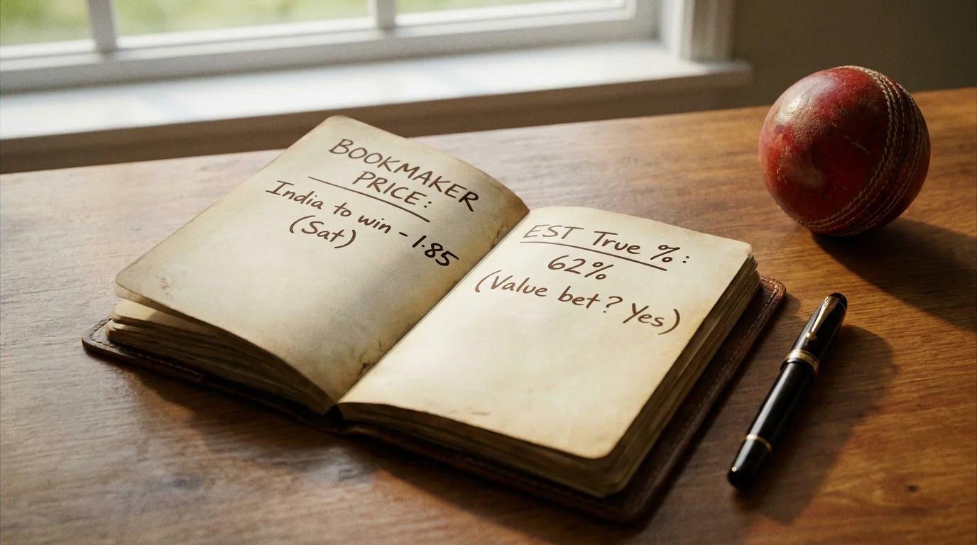 Notebook comparing a cricket price with an estimated true chance